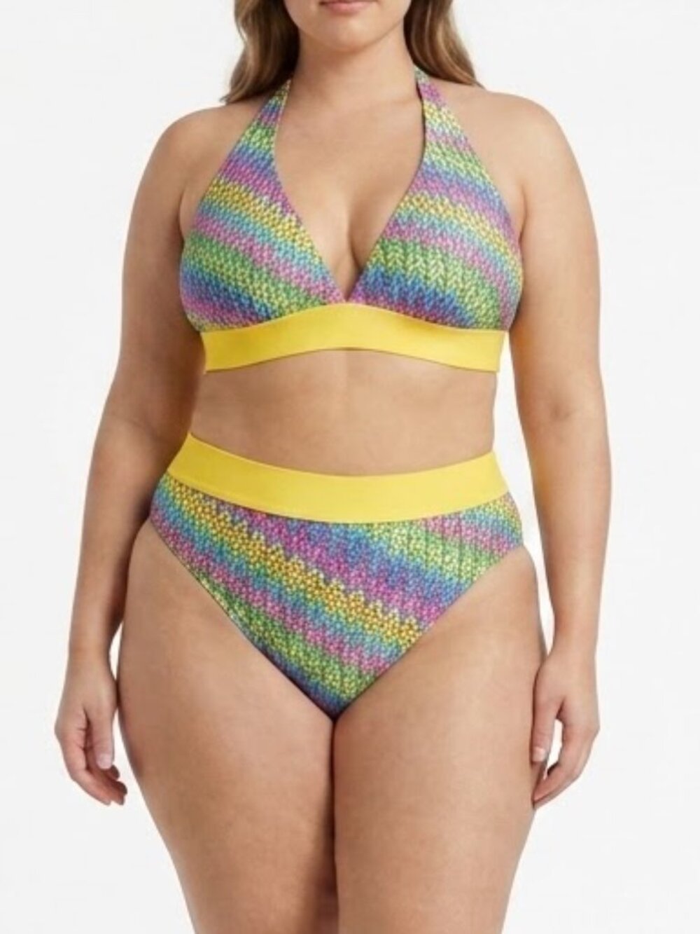 YPDY Neon Chevron High Waisted Bikini Set XXL 80s Retro Rave Swimsuit NWT